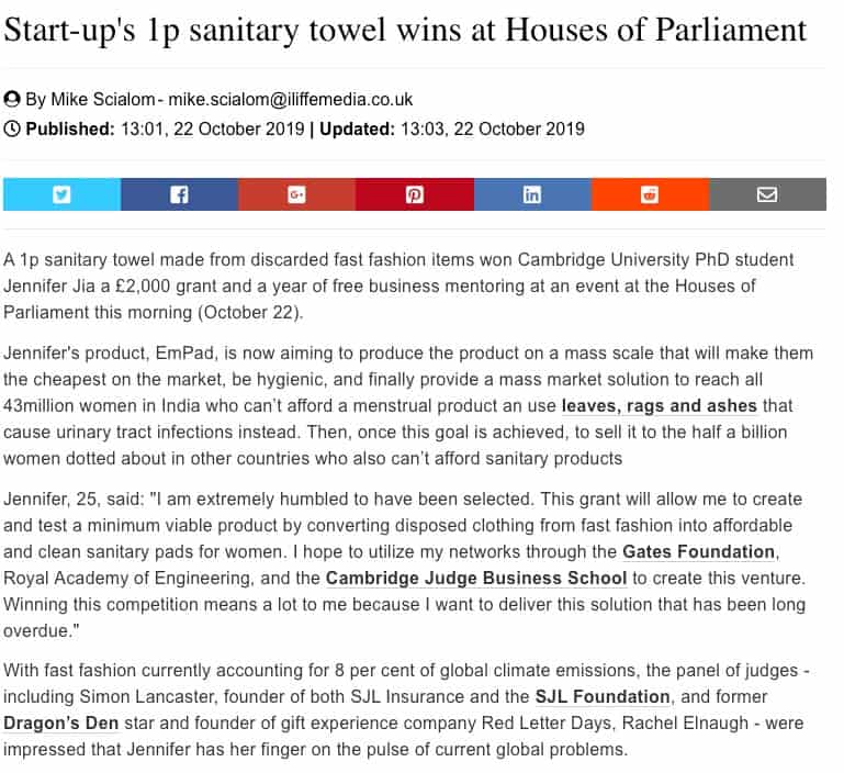 Start-up's 1p sanitary towel wins at Houses of Parliament